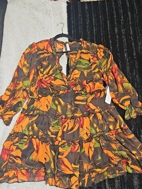Live 4 Truth Tiered Long-Sleeve Floral Mini Dress in Orange, Green, and Brown